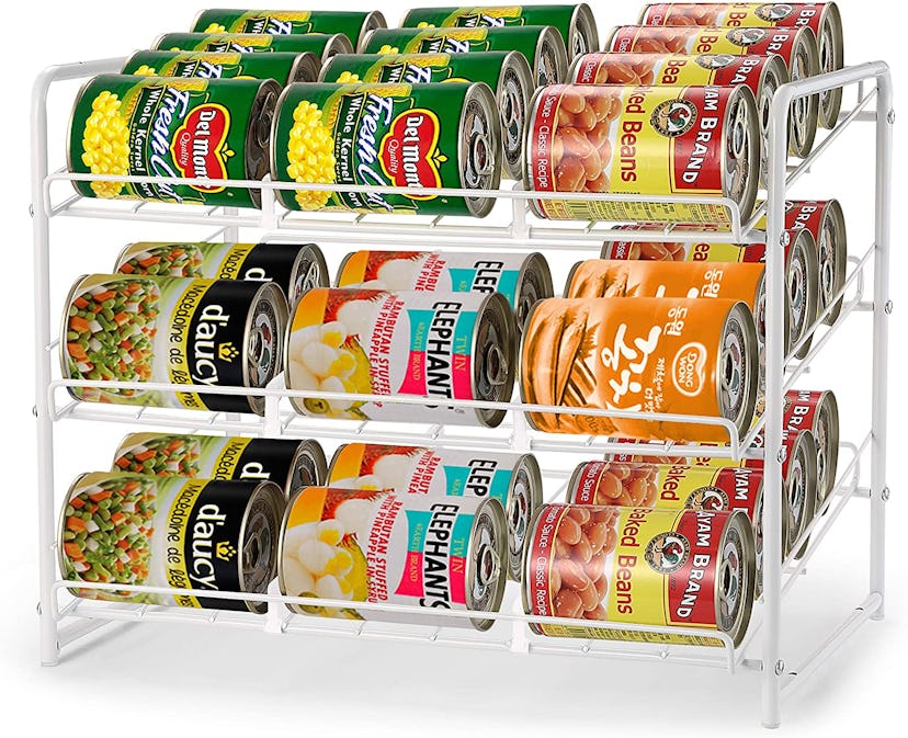 A can rack organizer keeps canned goods organized.
