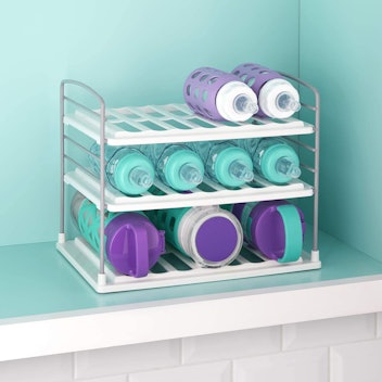 A bottle organizer can hold numerous water bottles, baby bottles, or even travel mugs.