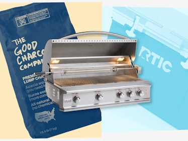 Collage of a charcoal package, ultra-light cooler, and a grill with rear infrared burner