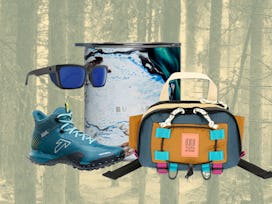Collage of mountain shoes, mug, sunglasses, and a hip pack