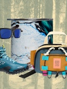 Collage of mountain shoes, mug, sunglasses, and a hip pack