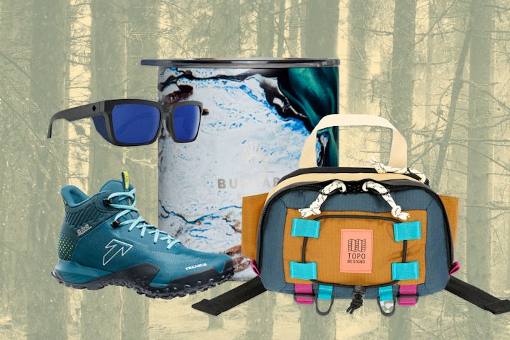 Collage of mountain shoes, mug, sunglasses, and a hip pack