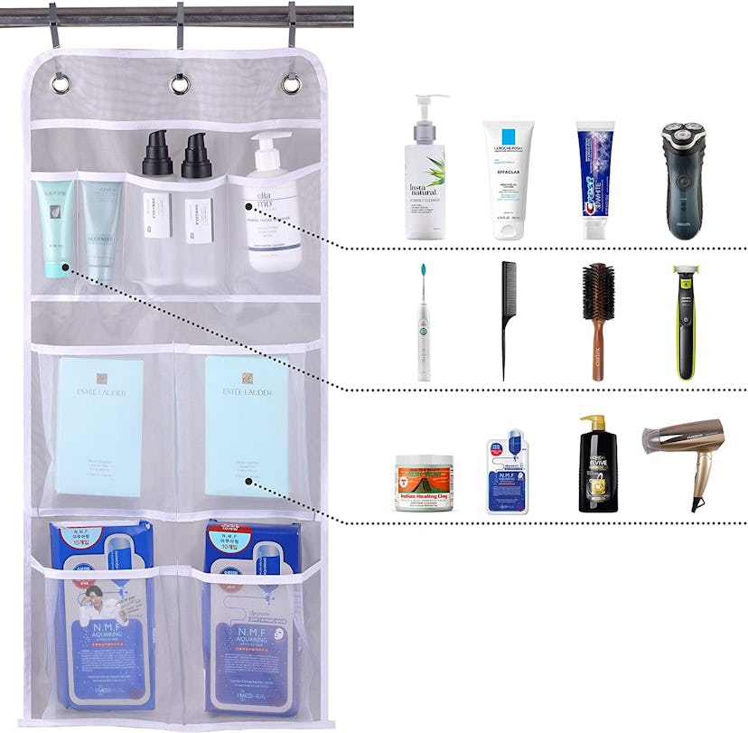 A hanging mesh pockets organizer offers extra space for bathroom items.
