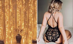 A woman wearing black lingerie and a Twinkle Star Led Window as a depiction of variety of products o...