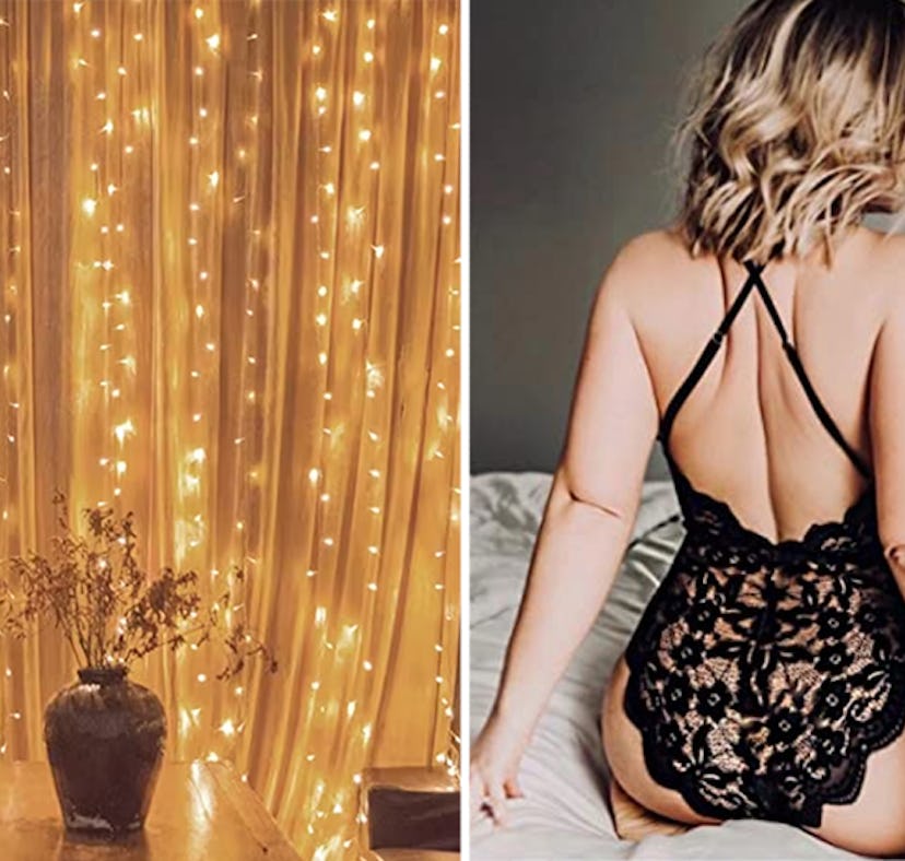 A woman wearing black lingerie and a Twinkle Star Led Window as a depiction of variety of products o...