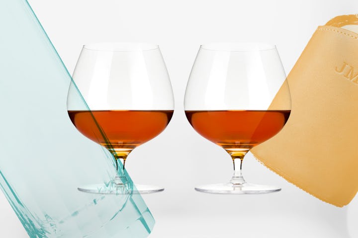 Two crystal wingback brandy glasses