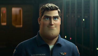 Buzz Lightyear from the movie Lightyear without his suit wearing a navy shirt