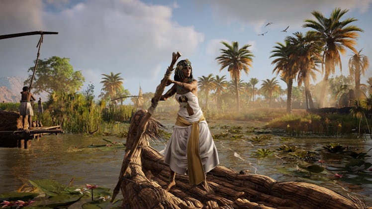 Cleopatra going down the nile in a boat in Assassin's Creed Origins