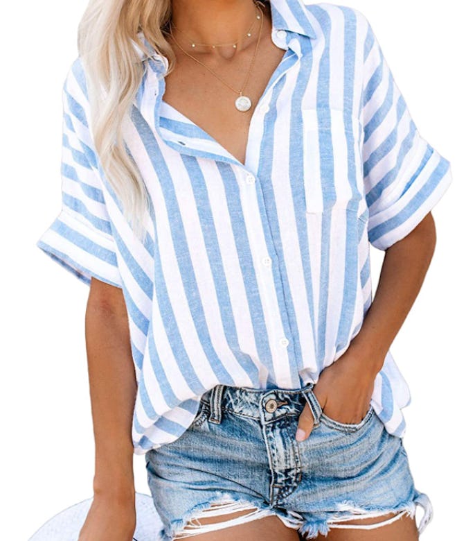 HOTAPEI Striped Short Sleeve Button Down