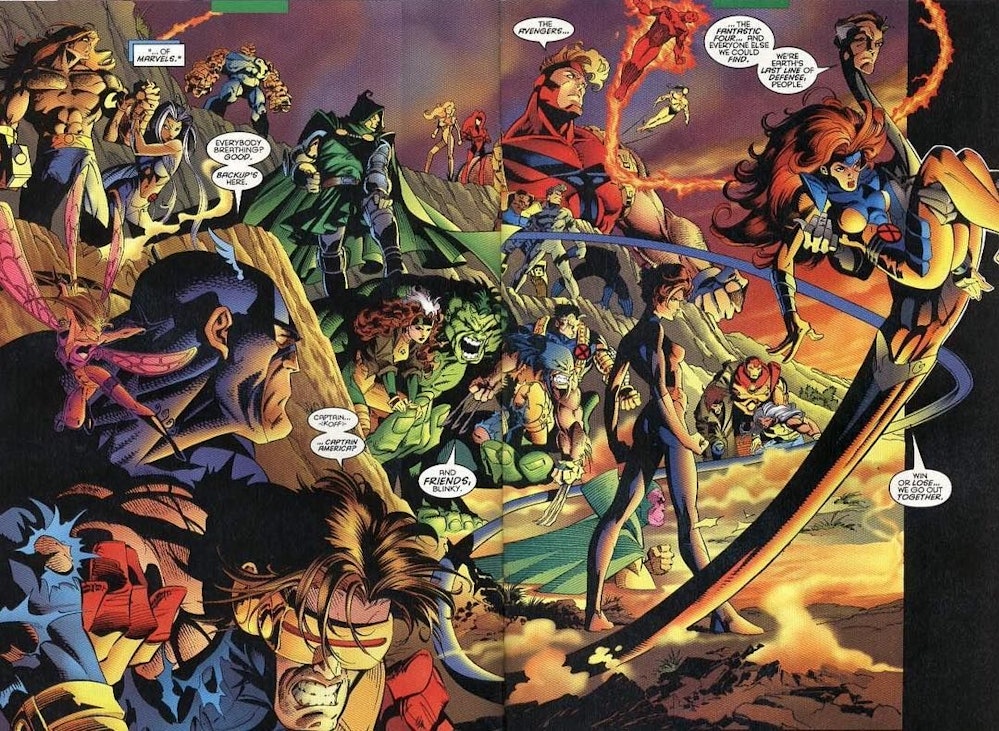 The Avengers, the Fantastic Four, and the X-Men prepare to fight Onslaught.