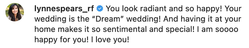 Britney Spears' wedding photos received a reply from her mom, Lynne Spears. Screenshot via Instagram