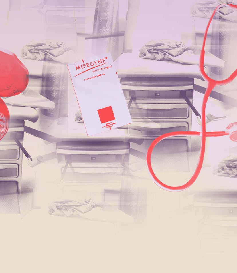 "MIFEGYNE" text sign on abortion medical equipment