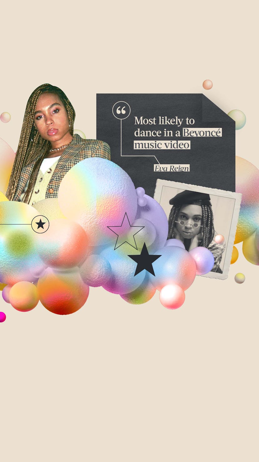 Eva Reign next to a quote of hers surrounded by multicolored bubbles and black and white stars