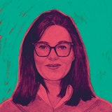 An illustration of Lisa Taddeo in pink and green