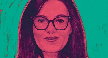 An illustration of Lisa Taddeo in pink and green