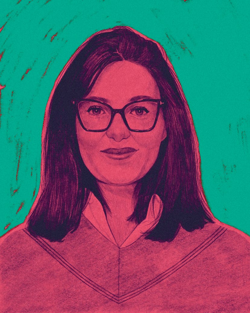An illustration of Lisa Taddeo in pink and green