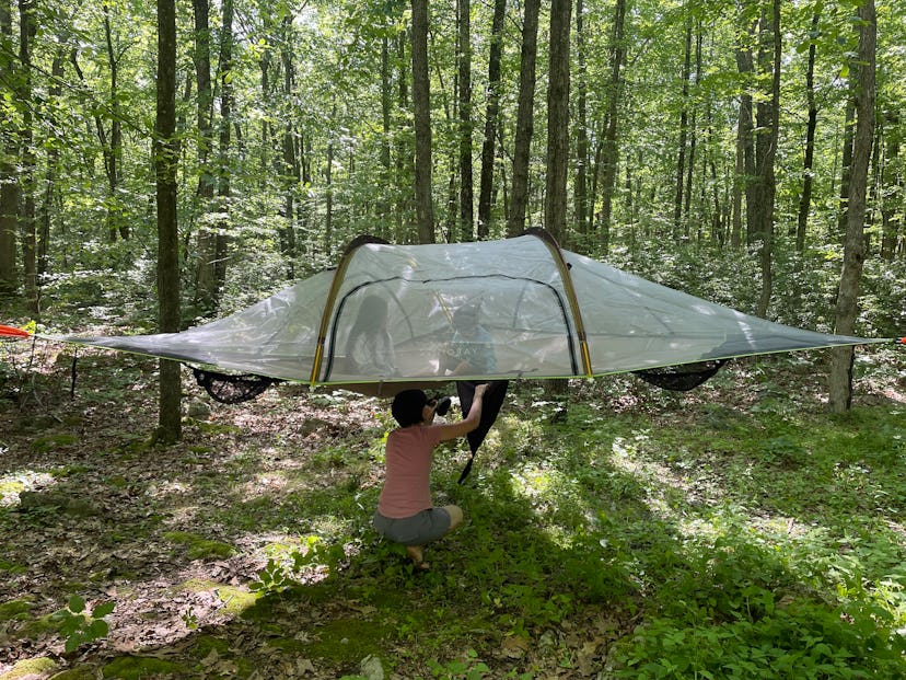 A family pitching the Tentstile Stingray 3-Person tent
