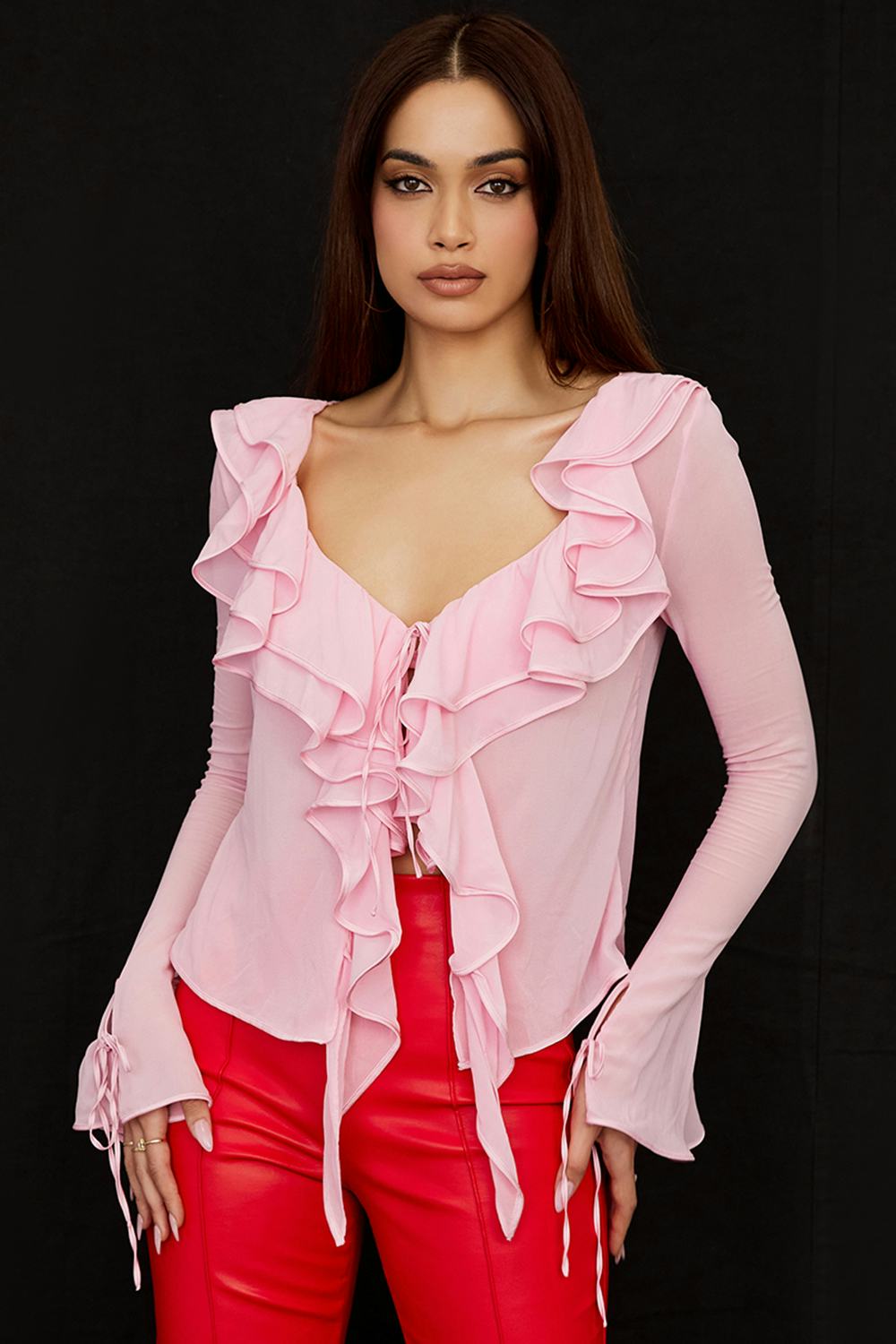 'Aaliyah' Fairy Pink Real Chiffon Ruffle Top & Bralet