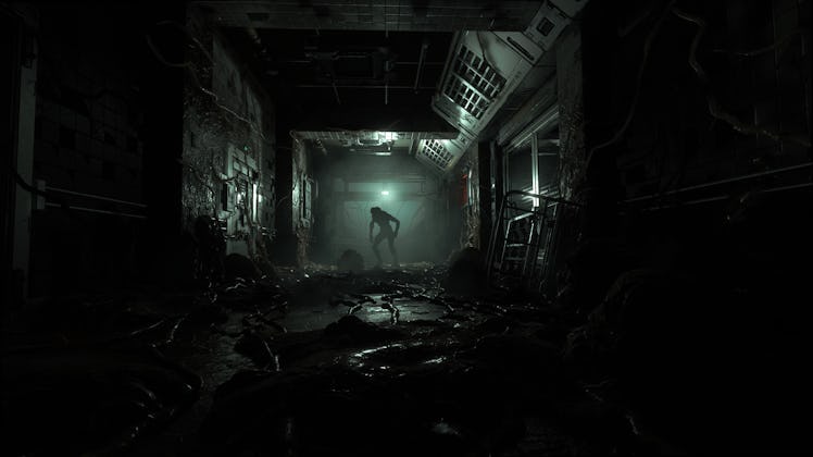 screenshot of creature in darkened hallway from The Callisto Protocol game