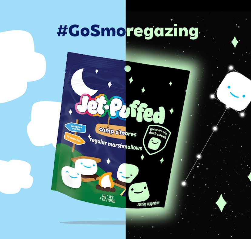 Jet-Puffed’s glow-in-the-dark marshmallow package is lit.