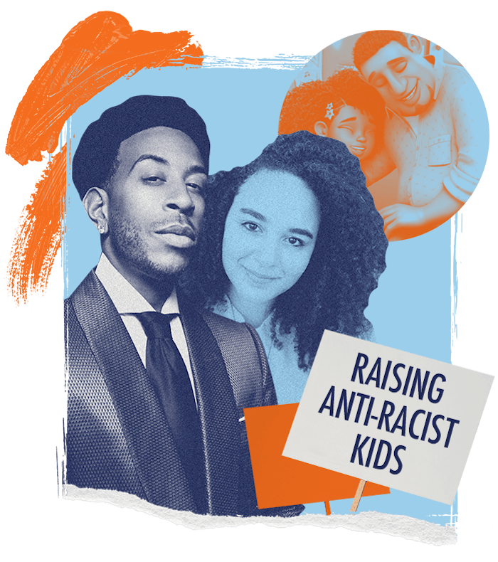 A collage with Chris "Ludacris" standing beside his daughter and a sign reading: 'Raising Anti-Racis...
