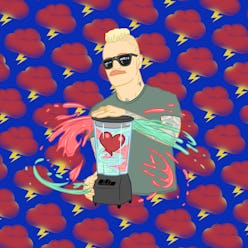 Illustration of Eve 6 singer Max Collins with thundercloud background