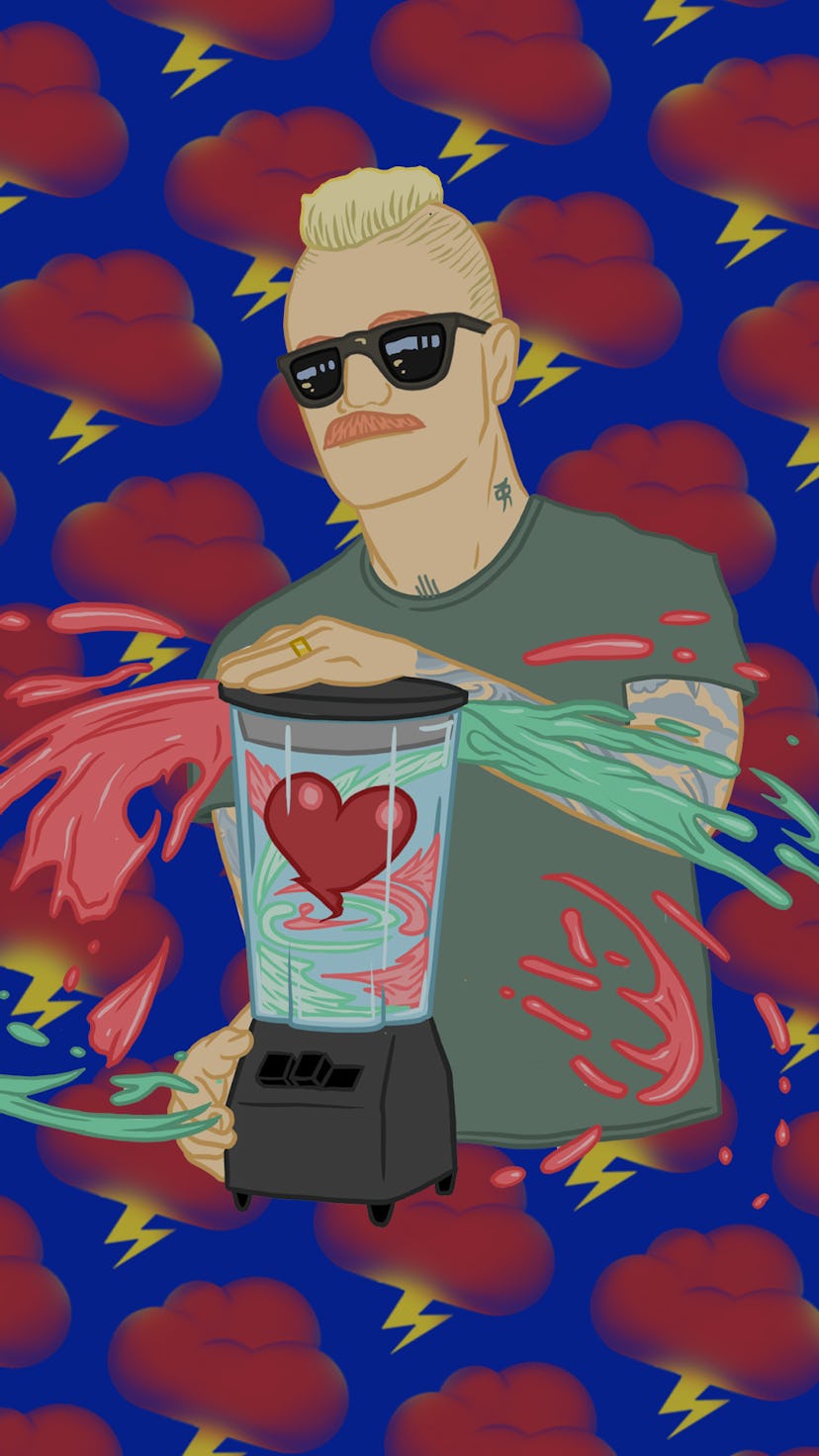 Illustration of Eve 6 singer Max Collins with thundercloud background