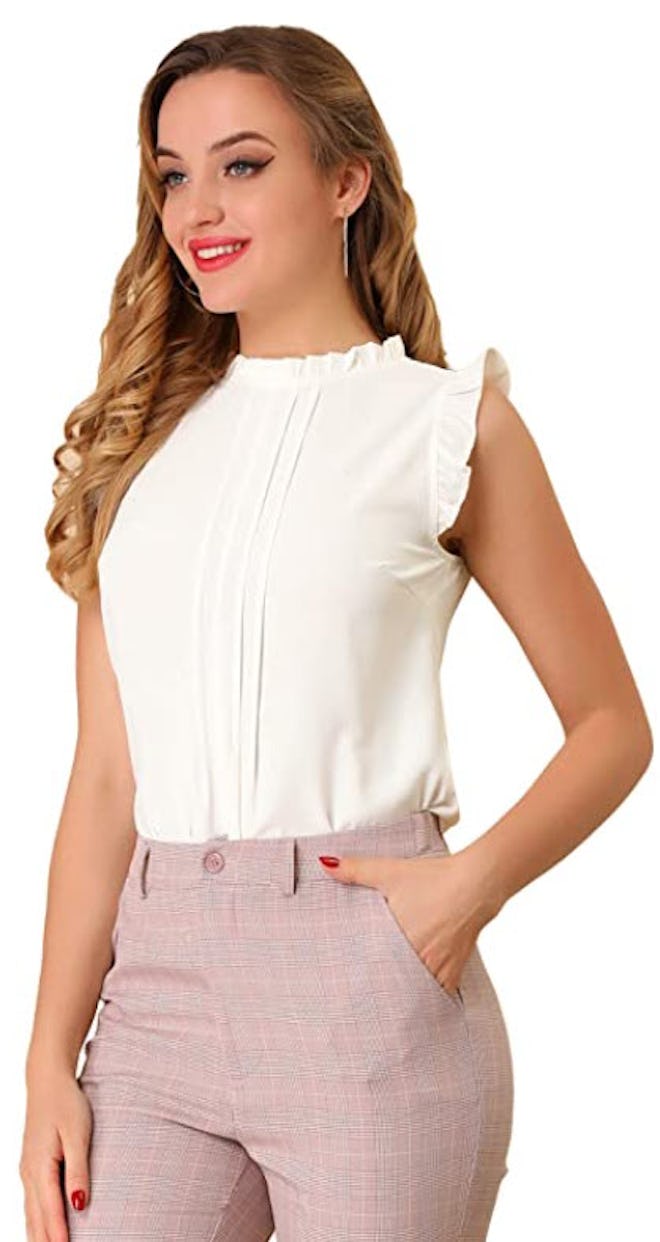 Allegra K Ruffled Business Office 1950s Vintage Sleeveless Blouse