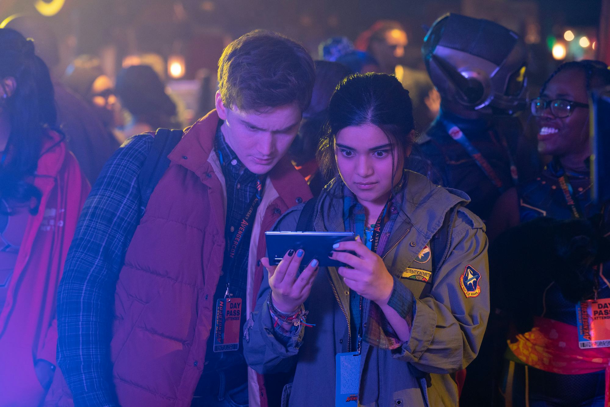 Matt Lintz (Bruno) and Iman Vellani (Kamala Khan) are obsessed with the Avengers in a &lsquo;Ms. Marvel&rsquo; E&hellip;