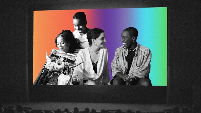 A collage of four people sitting and smiling seen on a big screen in a cinema