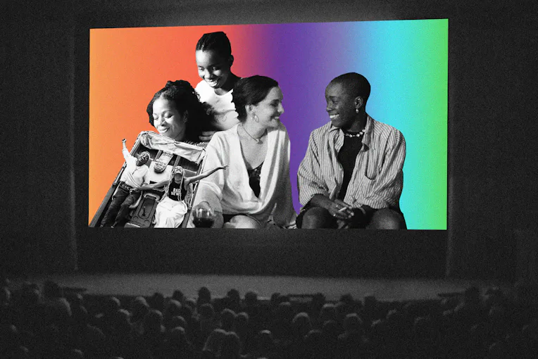 A collage of four people sitting and smiling seen on a big screen in a cinema