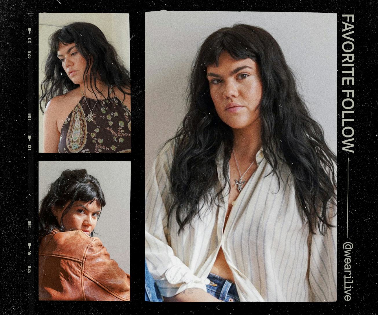 A three-part collage of Jenny Welbourn; in a floral tank top;brown leather jacket;white shirt with g...