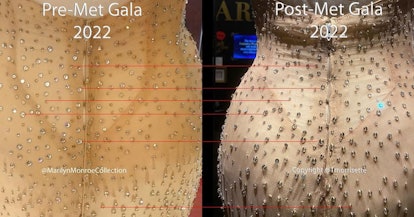 before and after photos of Marilyn Monroe's gown worn by Kim Kardashian at the 2022 Met Gala