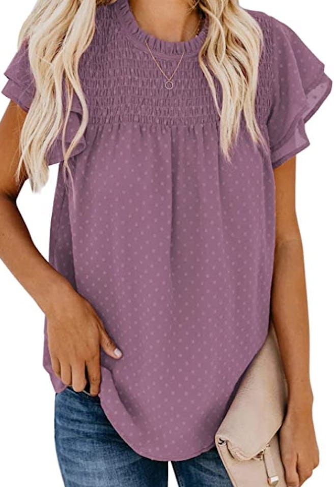 Euaoxnc Swiss Dot Crewneck Short Ruffle Tiered Work Blouse