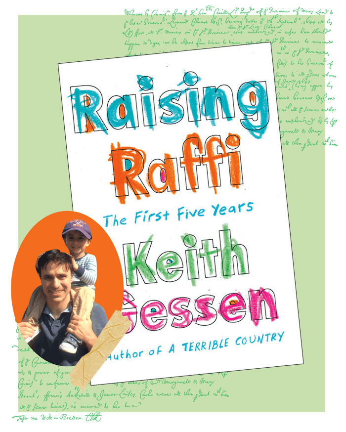 A collage with Keith Gessen carrying his son next to the cover of his book 'Raising Raffi.'