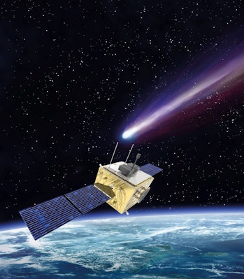 Illustration of a probe in space with a comet in the background and earth's horizon below