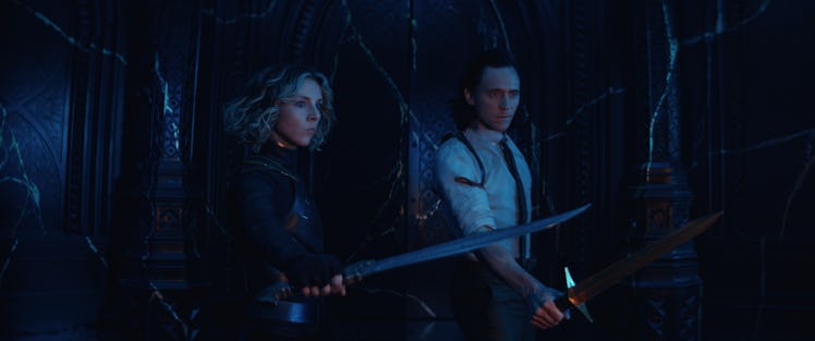 Sophia Di Martino as Sylvie and Tom Hiddleston as Loki in Loki Episode 6
