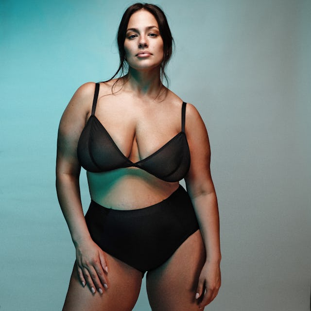 Ashley Graham poses in black mesh pieces from her all-body-inclusive intimates line with Knix.