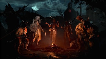 screenshot of Barbarian, Necromancer, Sorceress, Rogue, and Druid classes in Diablo 4