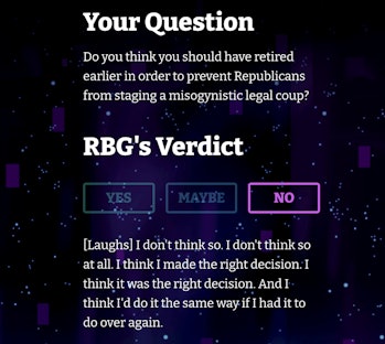 Question asked of Ruth Bader Ginsburg chatbot and its answer
