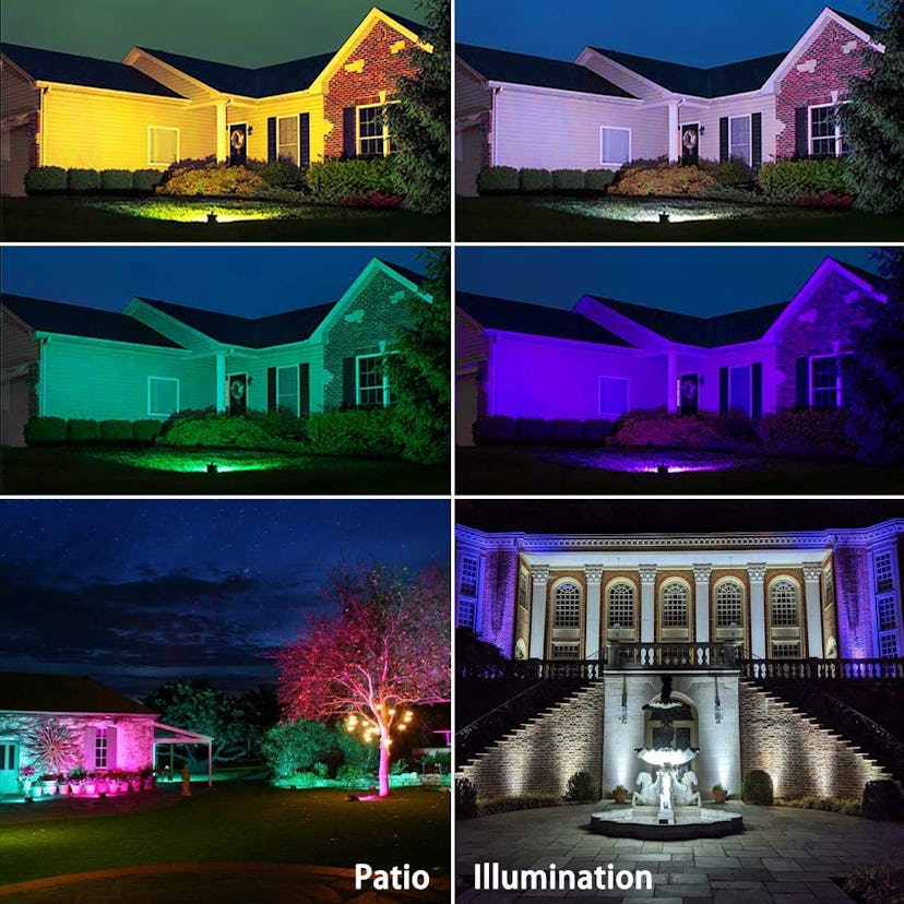 Rainbow flood lights can take a backyard from bland to brilliant.