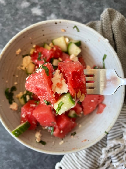 Hydrating watermelon and cucumber salad with feta is a perfect Juneteenth recipe