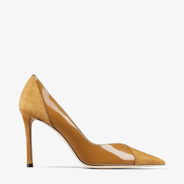 Jimmy Choo camel Cass 95 suede and patent pumps