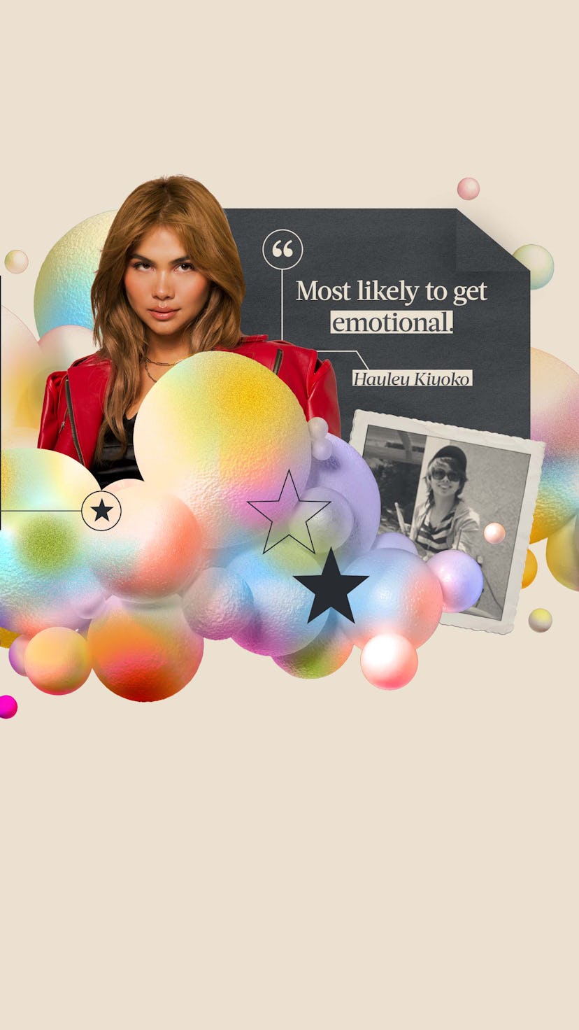 Collage of Hayley Kiyoko in a red coat and her "most likely to get emotional" quote