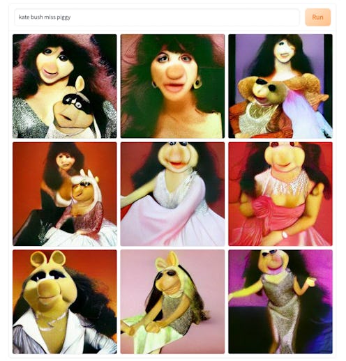 A screenshot of a Dall-E mini creation of singer kate bush as the muppet miss piggy.