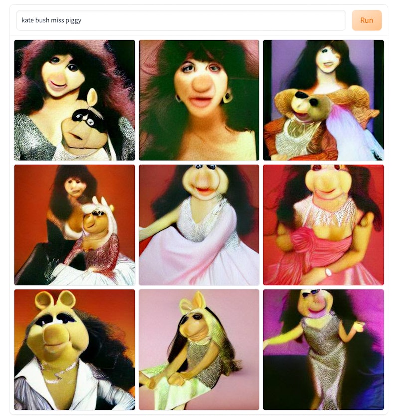 A screenshot of a Dall-E mini creation of singer kate bush as the muppet miss piggy.