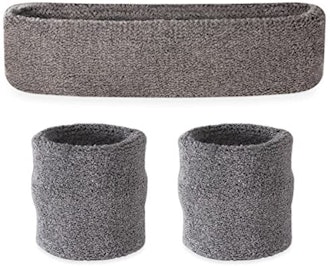 gray Suddora sweatbands: one headband and two wristbands