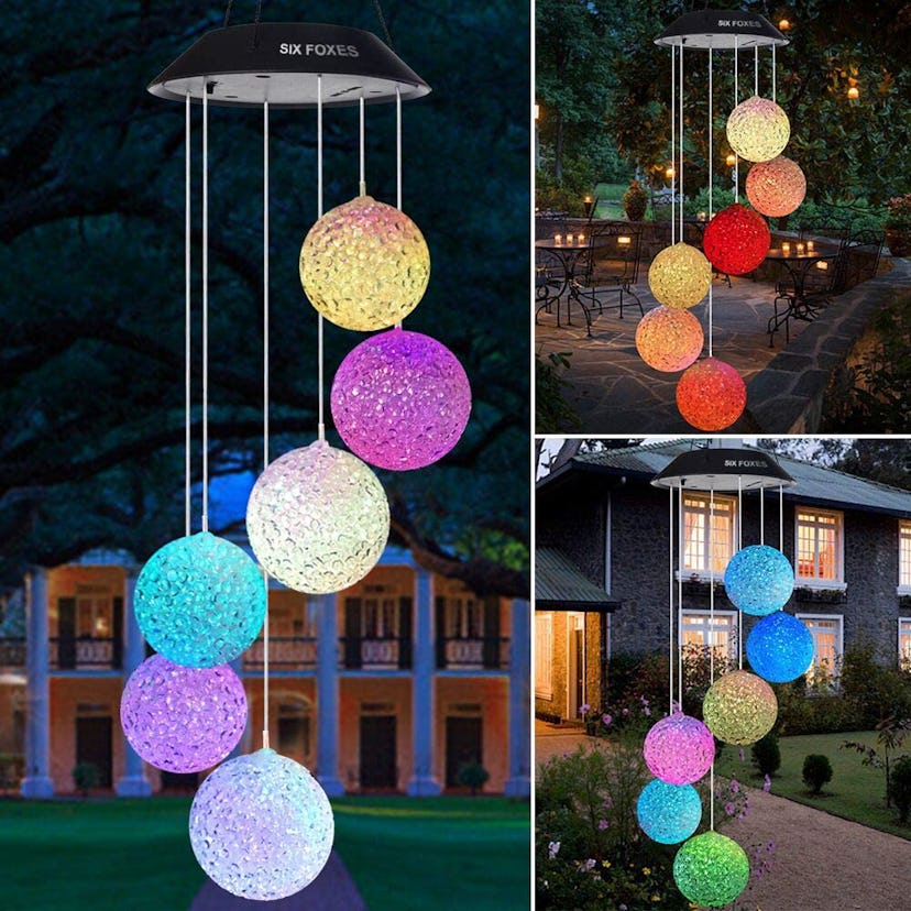These solar wind chime hanging lights come in the shape or orbs, butterflies, hummingbirds, and sunf...