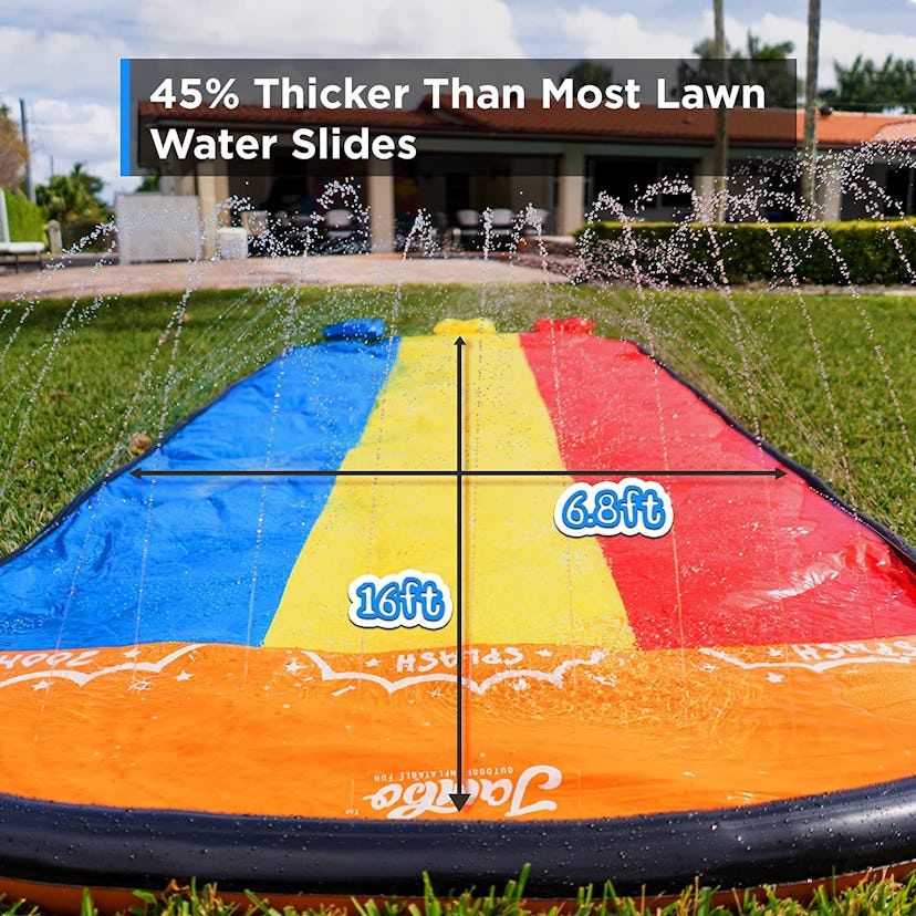 A three-lane slip and slide maximizes backyard fun.