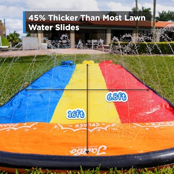 A three-lane slip and slide maximizes backyard fun.